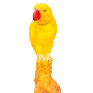 vibrant carved parrot on textured perch